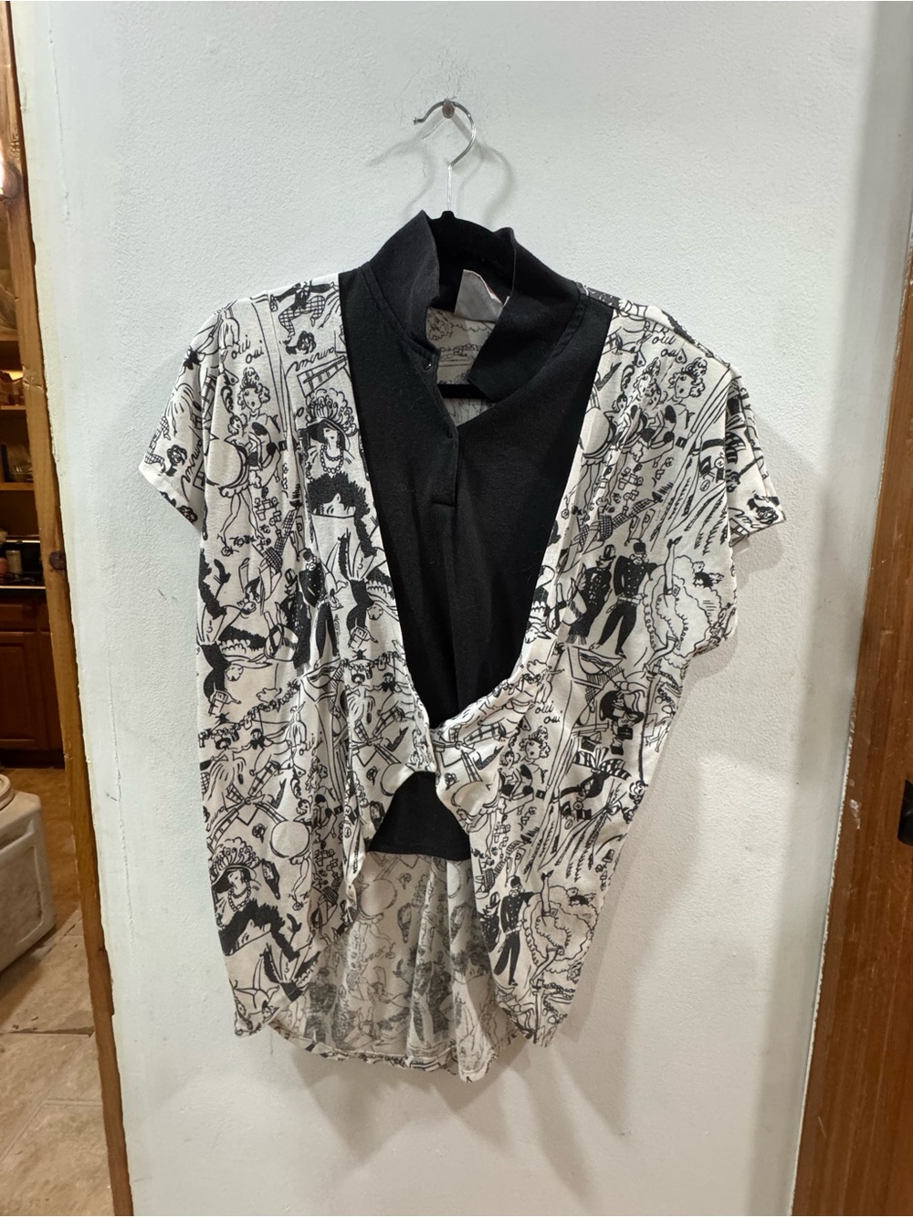 Vintage 80s Parisian Moulin Rouge Novelty Print Mock Two-Piece Polo Top